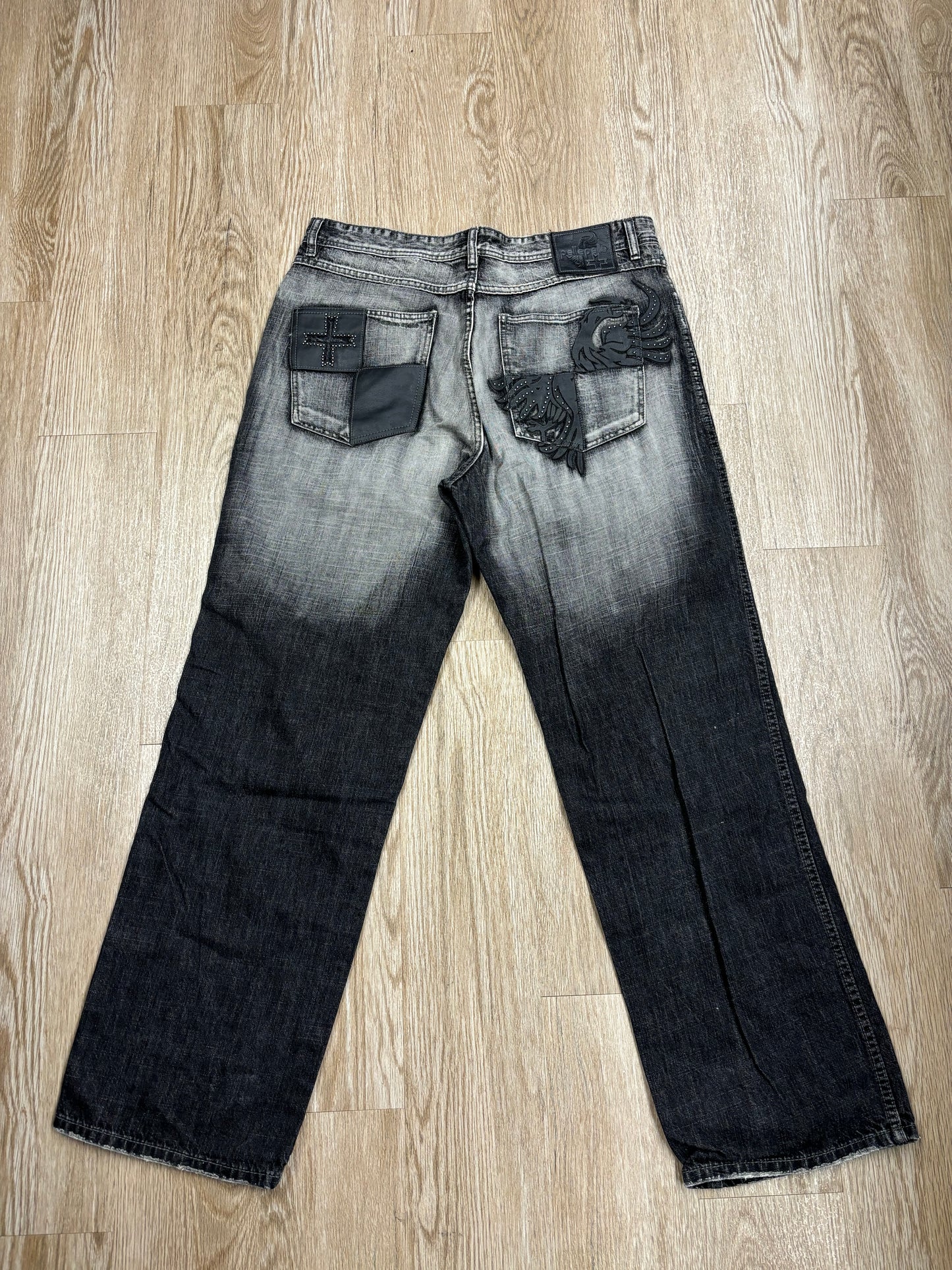 Y2K Pelle Pelle Faded Black Leather Embroidered Jeans