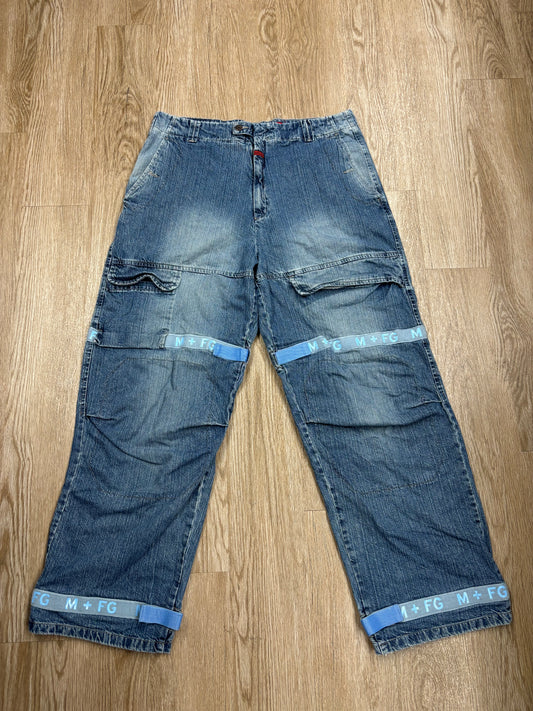 1990s Marithe Francois Girbaud Carolina Blue Velcro Baggy Jeans