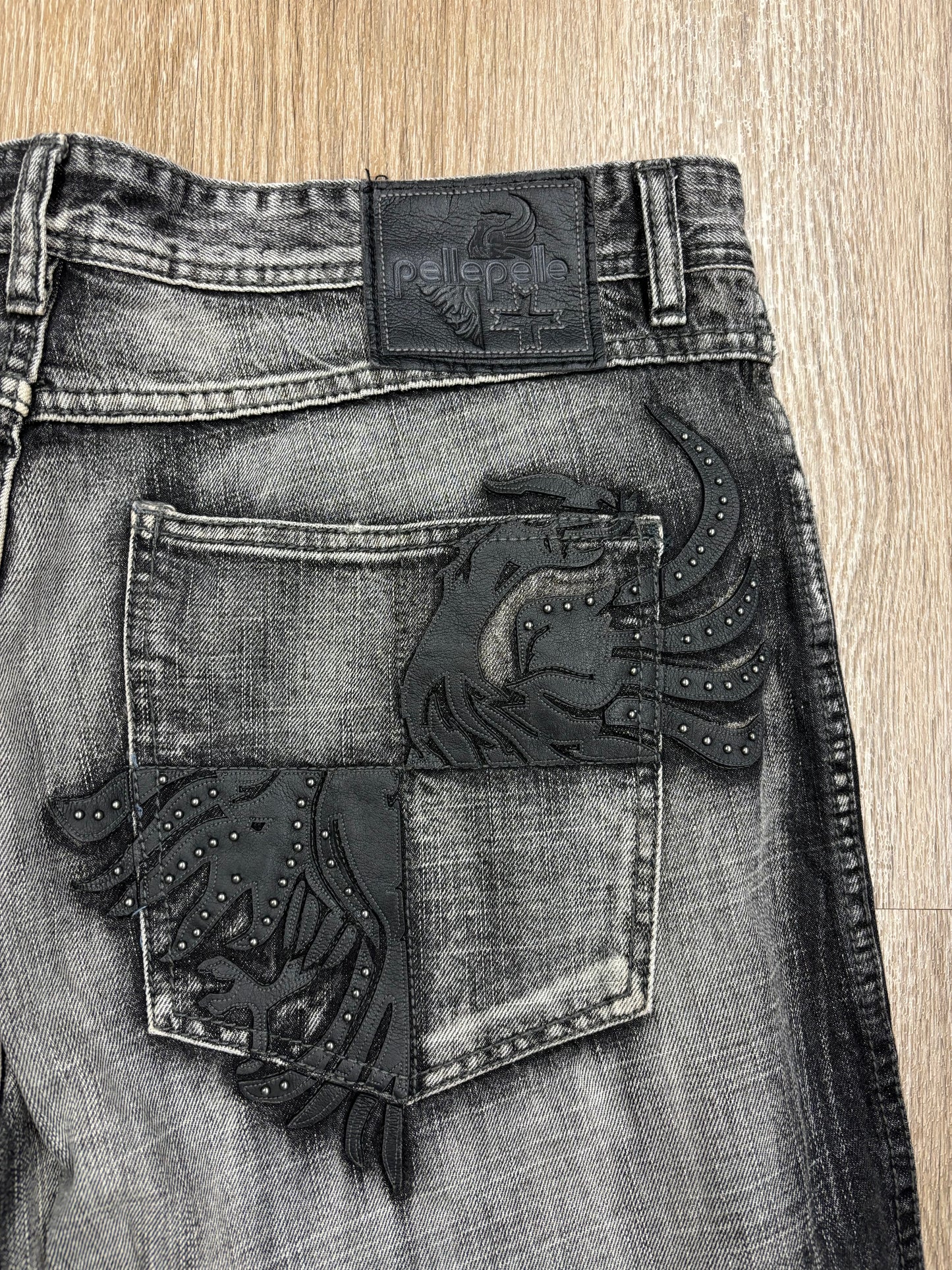 Y2K Pelle Pelle Faded Black Leather Embroidered Jeans