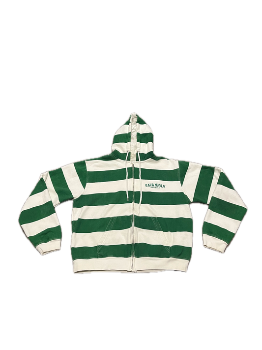 (S) Vintage Savannah Georgia Green Striped Zip-Up Hoodie