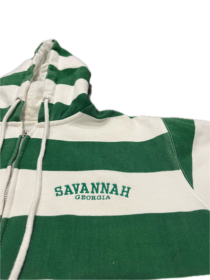 (S) Vintage Savannah Georgia Green Striped Zip-Up Hoodie