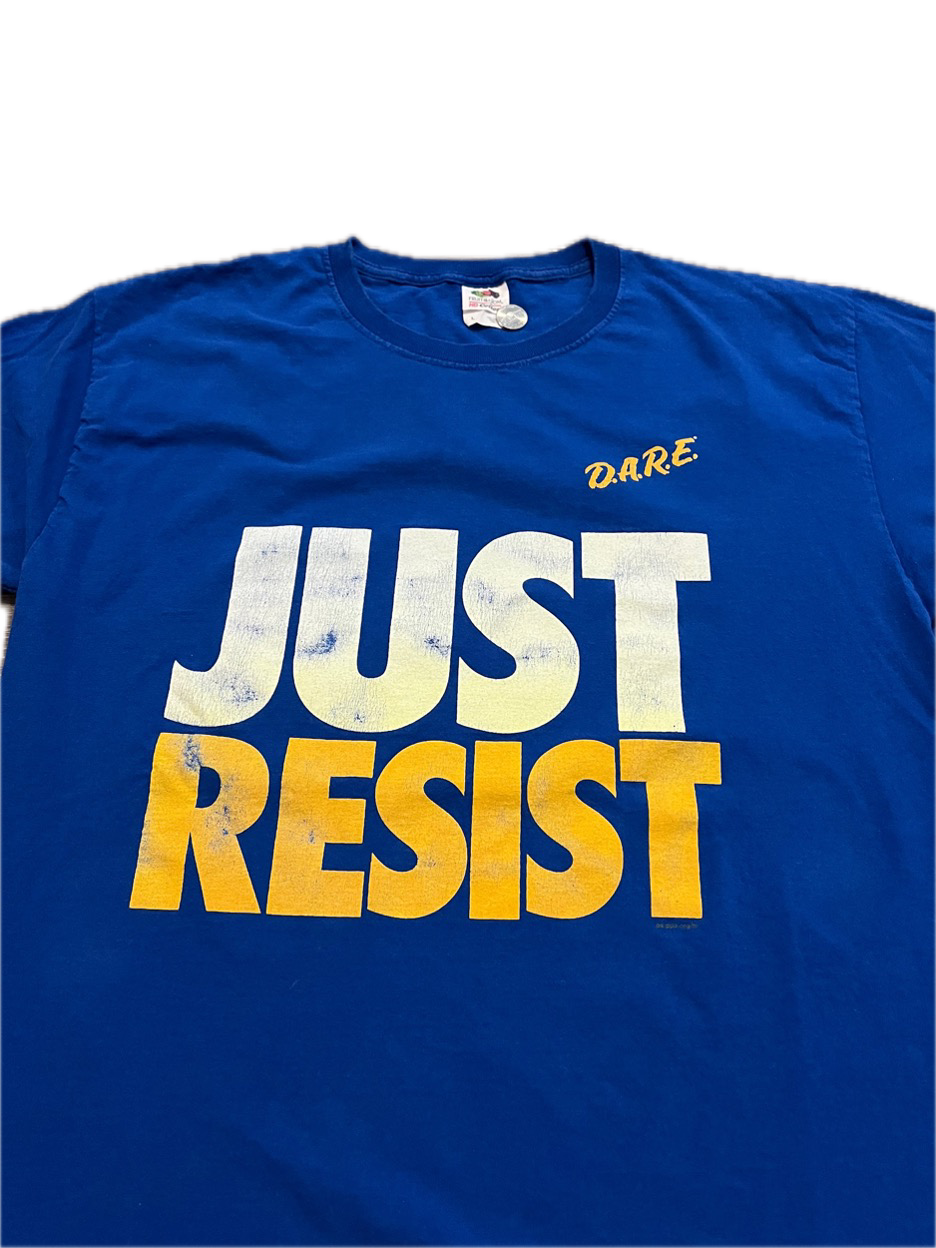 (L) Y2K D.A.R.E. “JUST RESIST” Nike Spoof Tee